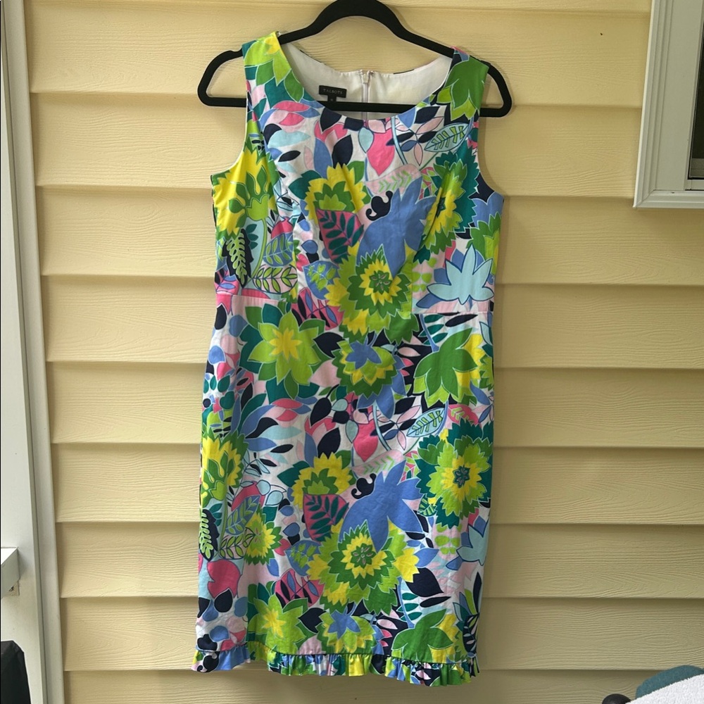 Talbots Island Inspired Floral Sateen Midi Dress Green, Blue, Pink, Yellow Sz 10